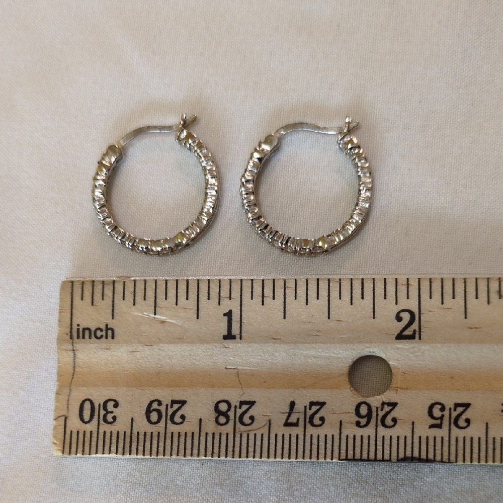 Sterling Silver 925 Small Hoop Huggie Earrings With Inside Out Faux Diamonds